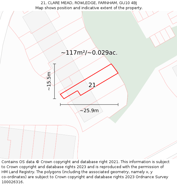 21, CLARE MEAD, ROWLEDGE, FARNHAM, GU10 4BJ: Plot and title map