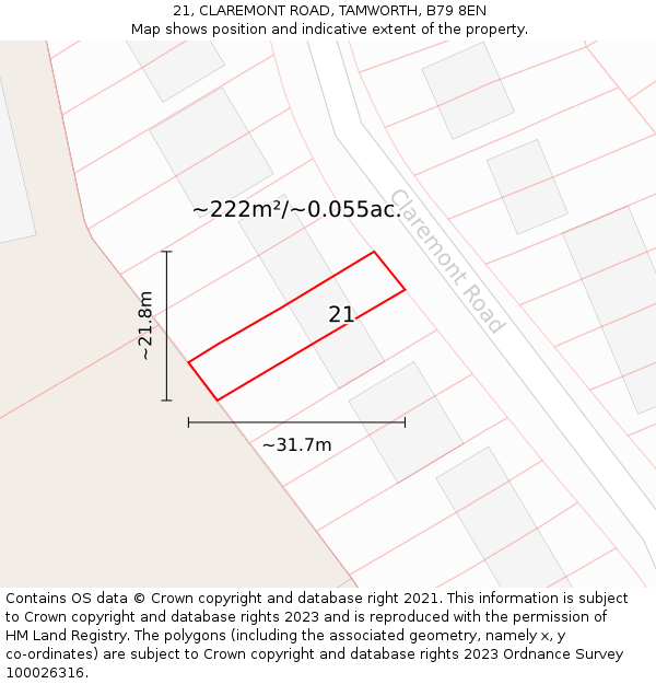 21, CLAREMONT ROAD, TAMWORTH, B79 8EN: Plot and title map