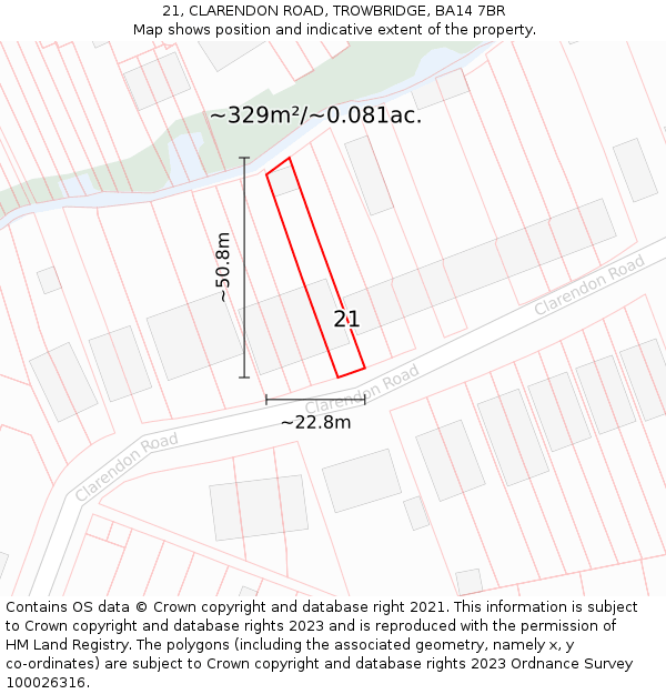 21, CLARENDON ROAD, TROWBRIDGE, BA14 7BR: Plot and title map