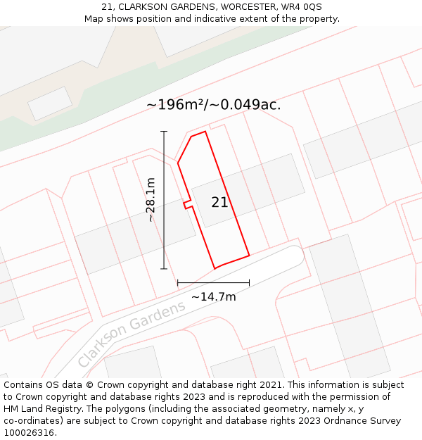 21, CLARKSON GARDENS, WORCESTER, WR4 0QS: Plot and title map