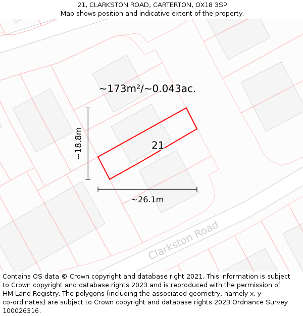 21, CLARKSTON ROAD, CARTERTON, OX18 3SP: Plot and title map