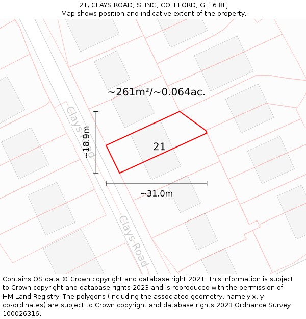 21, CLAYS ROAD, SLING, COLEFORD, GL16 8LJ: Plot and title map