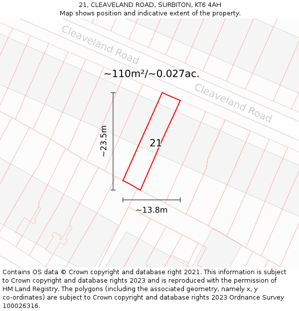 21, CLEAVELAND ROAD, SURBITON, KT6 4AH: Plot and title map