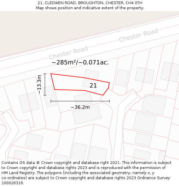 21, CLEDWEN ROAD, BROUGHTON, CHESTER, CH4 0TH: Plot and title map