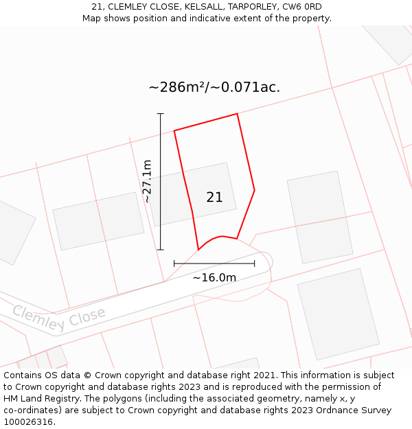 21, CLEMLEY CLOSE, KELSALL, TARPORLEY, CW6 0RD: Plot and title map