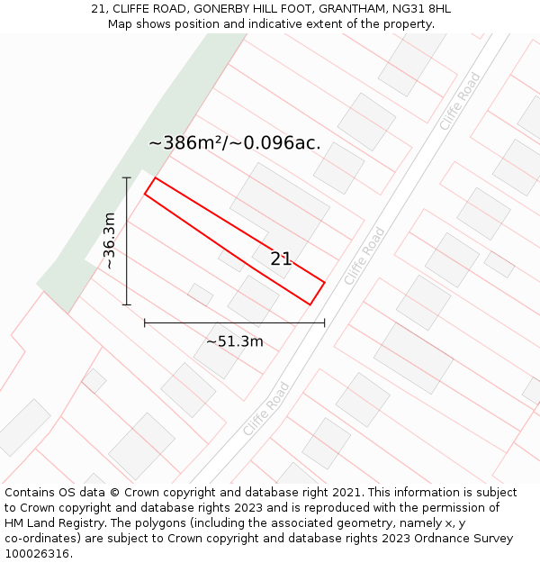 21, CLIFFE ROAD, GONERBY HILL FOOT, GRANTHAM, NG31 8HL: Plot and title map