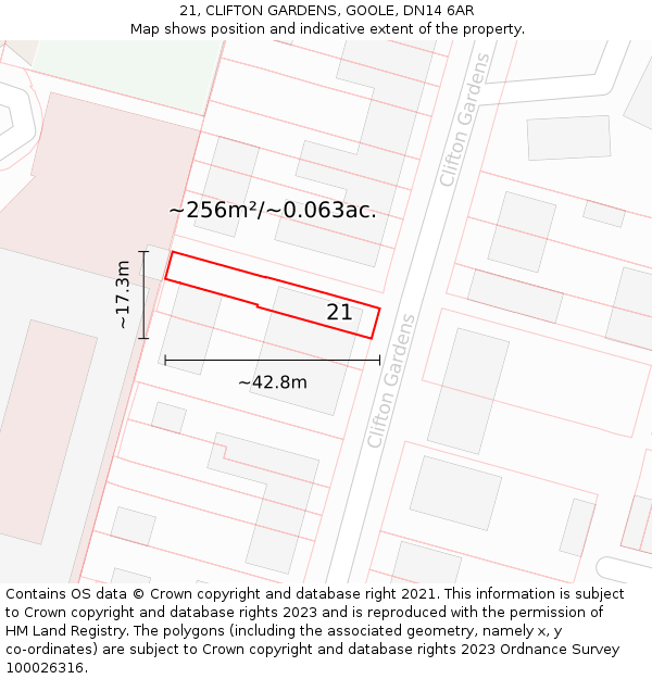 21, CLIFTON GARDENS, GOOLE, DN14 6AR: Plot and title map