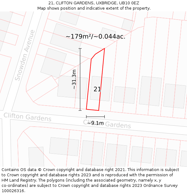 21, CLIFTON GARDENS, UXBRIDGE, UB10 0EZ: Plot and title map