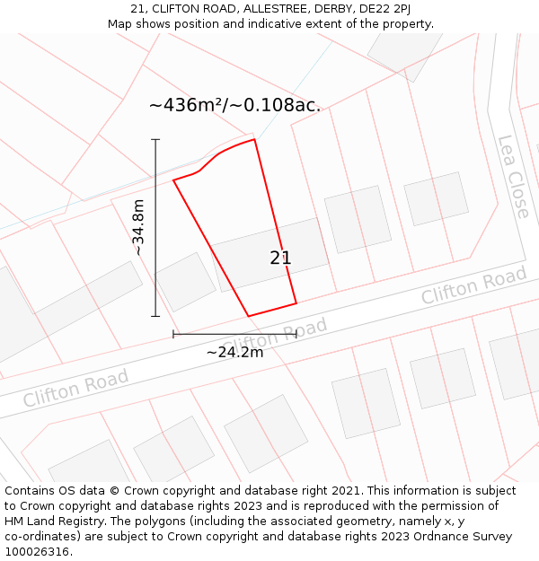 21, CLIFTON ROAD, ALLESTREE, DERBY, DE22 2PJ: Plot and title map