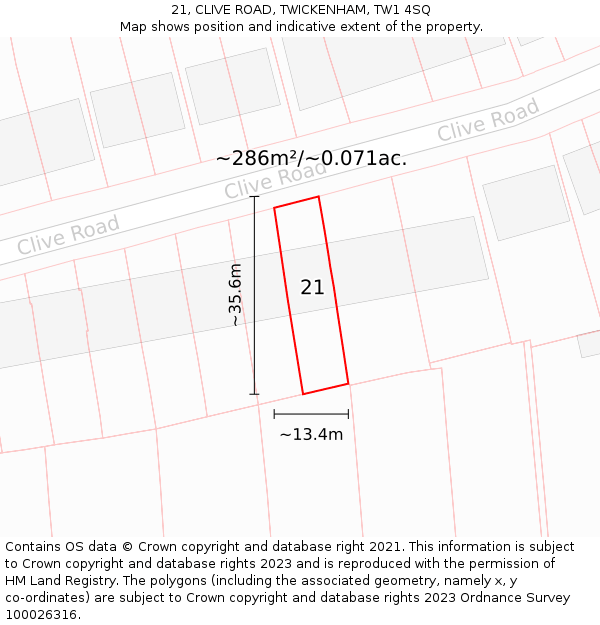 21, CLIVE ROAD, TWICKENHAM, TW1 4SQ: Plot and title map