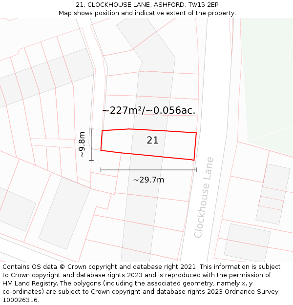 21, CLOCKHOUSE LANE, ASHFORD, TW15 2EP: Plot and title map