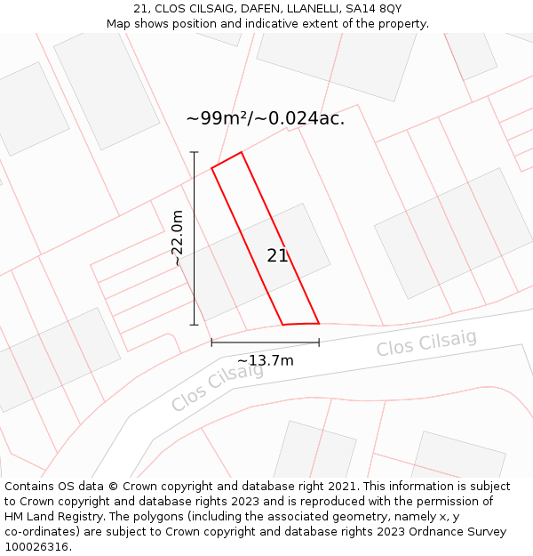 21, CLOS CILSAIG, DAFEN, LLANELLI, SA14 8QY: Plot and title map