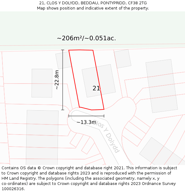 21, CLOS Y DOLYDD, BEDDAU, PONTYPRIDD, CF38 2TG: Plot and title map