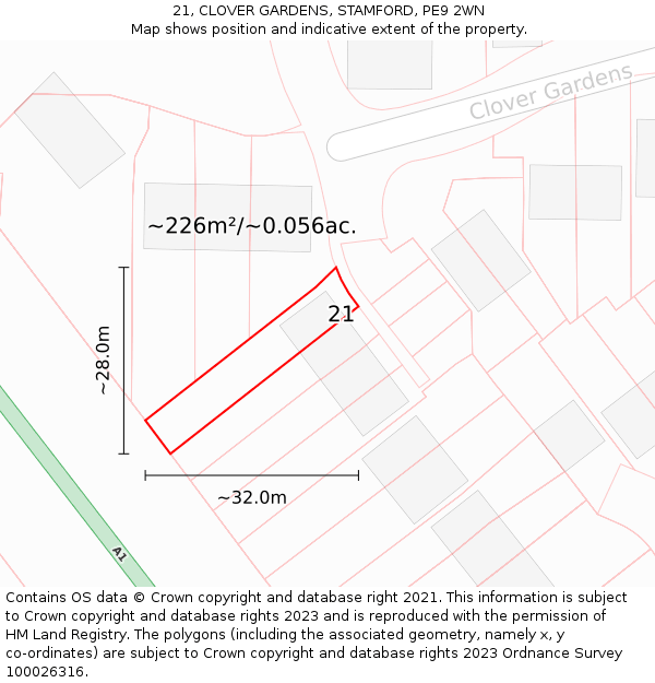 21, CLOVER GARDENS, STAMFORD, PE9 2WN: Plot and title map