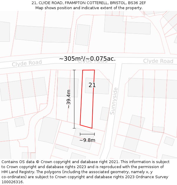 21, CLYDE ROAD, FRAMPTON COTTERELL, BRISTOL, BS36 2EF: Plot and title map