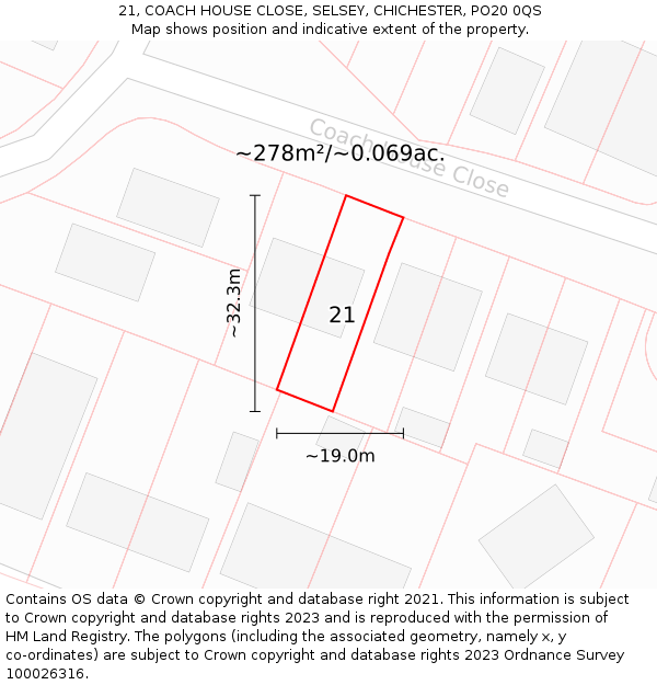21, COACH HOUSE CLOSE, SELSEY, CHICHESTER, PO20 0QS: Plot and title map