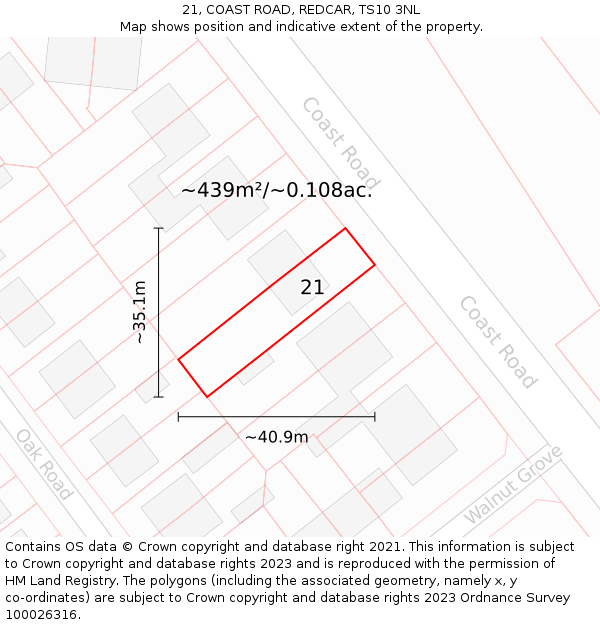 21, COAST ROAD, REDCAR, TS10 3NL: Plot and title map