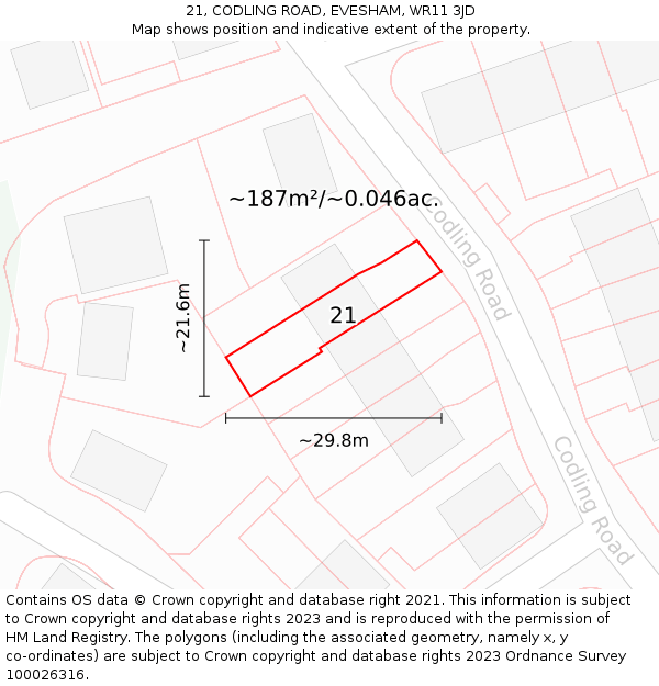 21, CODLING ROAD, EVESHAM, WR11 3JD: Plot and title map