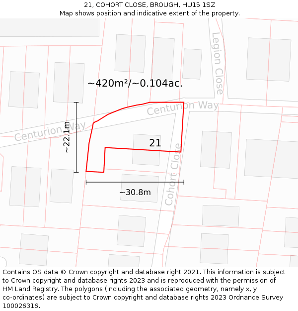 21, COHORT CLOSE, BROUGH, HU15 1SZ: Plot and title map