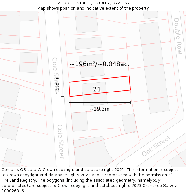 21, COLE STREET, DUDLEY, DY2 9PA: Plot and title map