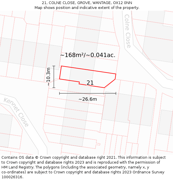 21, COLNE CLOSE, GROVE, WANTAGE, OX12 0NN: Plot and title map