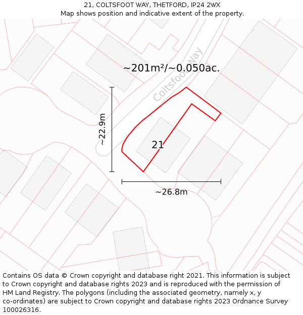 21, COLTSFOOT WAY, THETFORD, IP24 2WX: Plot and title map