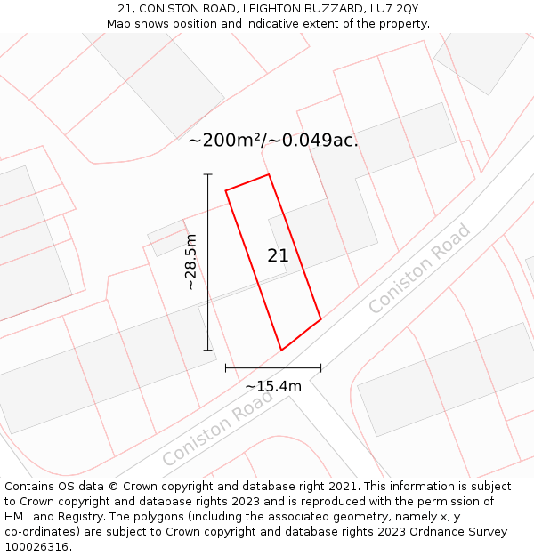 21, CONISTON ROAD, LEIGHTON BUZZARD, LU7 2QY: Plot and title map