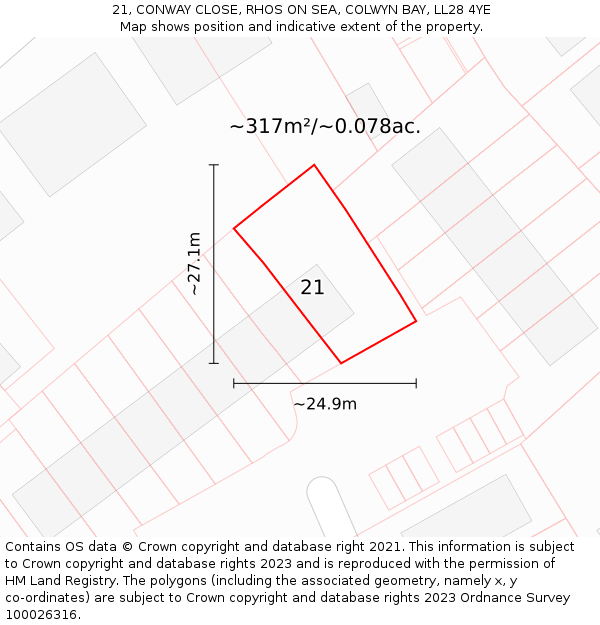 21, CONWAY CLOSE, RHOS ON SEA, COLWYN BAY, LL28 4YE: Plot and title map