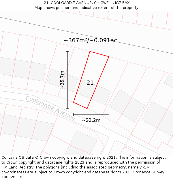 21, COOLGARDIE AVENUE, CHIGWELL, IG7 5AX: Plot and title map