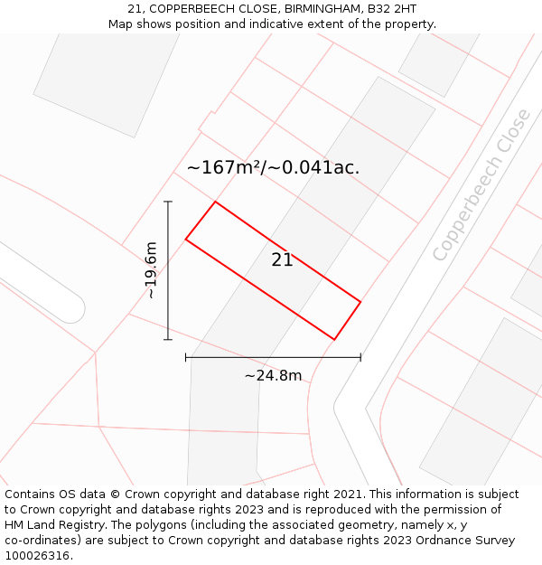 21, COPPERBEECH CLOSE, BIRMINGHAM, B32 2HT: Plot and title map