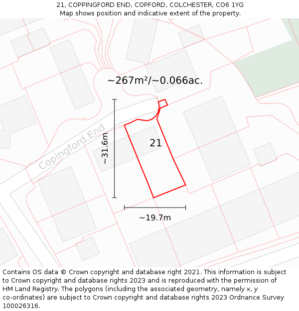 21, COPPINGFORD END, COPFORD, COLCHESTER, CO6 1YG: Plot and title map