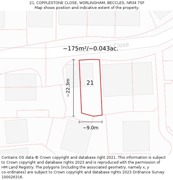 21, COPPLESTONE CLOSE, WORLINGHAM, BECCLES, NR34 7SF: Plot and title map