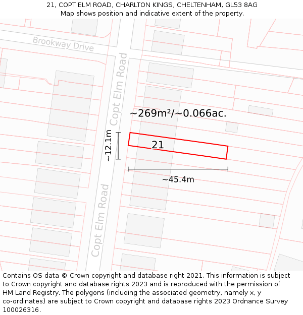 21, COPT ELM ROAD, CHARLTON KINGS, CHELTENHAM, GL53 8AG: Plot and title map