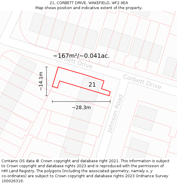 21, CORBETT DRIVE, WAKEFIELD, WF2 9EA: Plot and title map