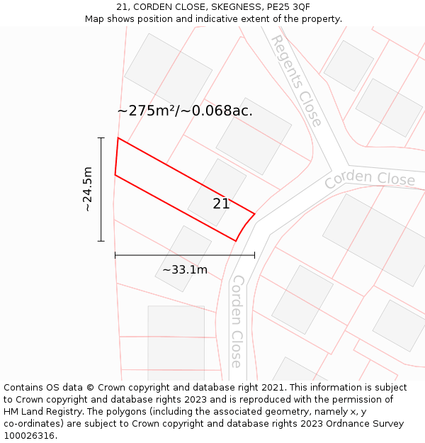 21, CORDEN CLOSE, SKEGNESS, PE25 3QF: Plot and title map