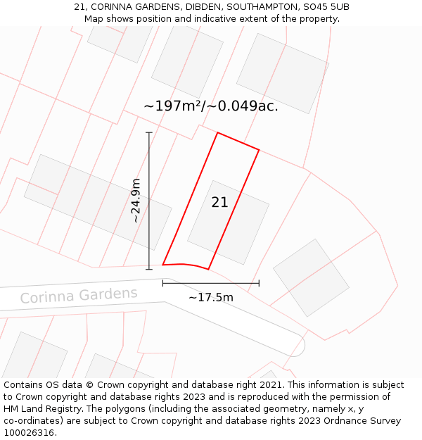 21, CORINNA GARDENS, DIBDEN, SOUTHAMPTON, SO45 5UB: Plot and title map