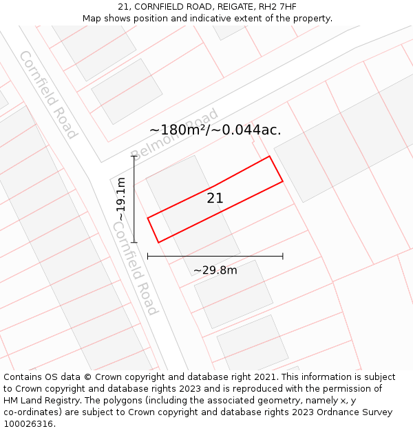 21, CORNFIELD ROAD, REIGATE, RH2 7HF: Plot and title map