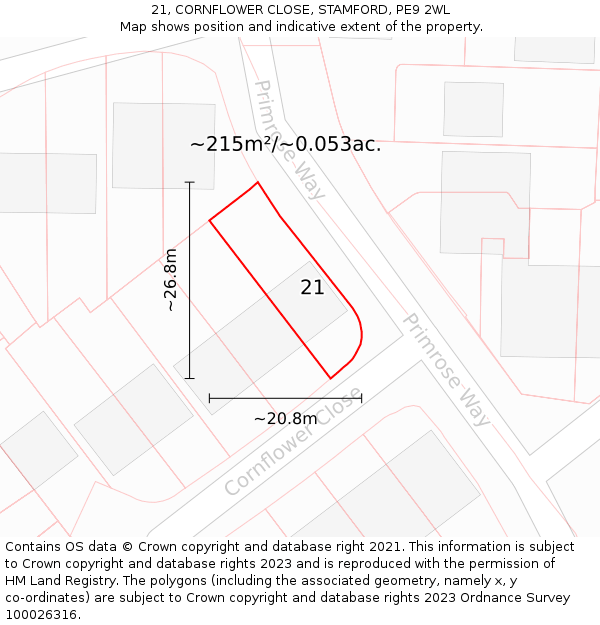 21, CORNFLOWER CLOSE, STAMFORD, PE9 2WL: Plot and title map