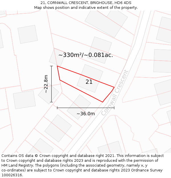 21, CORNWALL CRESCENT, BRIGHOUSE, HD6 4DS: Plot and title map