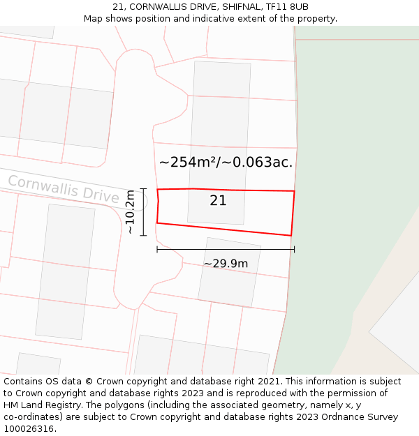 21, CORNWALLIS DRIVE, SHIFNAL, TF11 8UB: Plot and title map