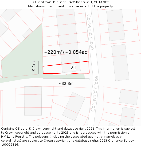 21, COTSWOLD CLOSE, FARNBOROUGH, GU14 9ET: Plot and title map