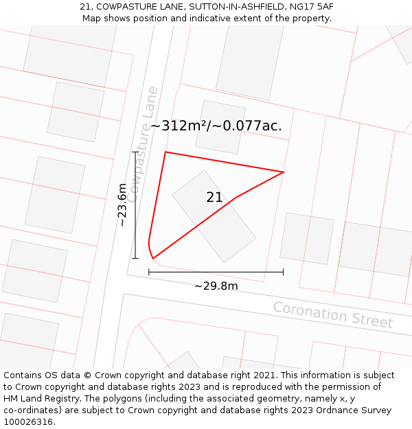 21, COWPASTURE LANE, SUTTON-IN-ASHFIELD, NG17 5AF: Plot and title map