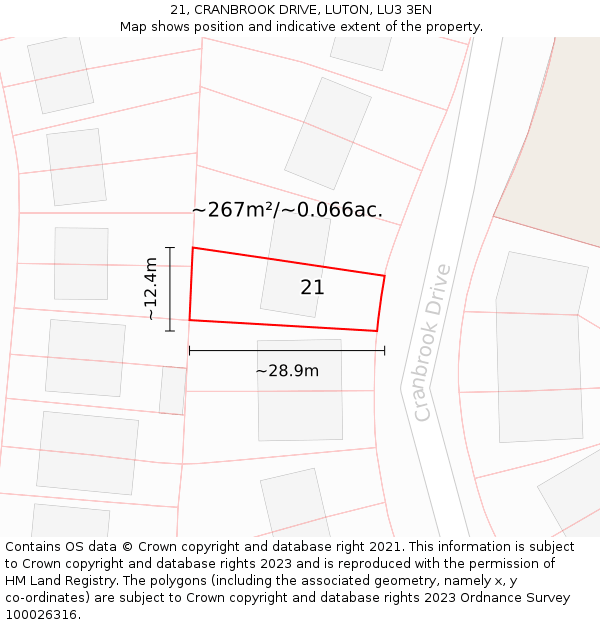 21, CRANBROOK DRIVE, LUTON, LU3 3EN: Plot and title map