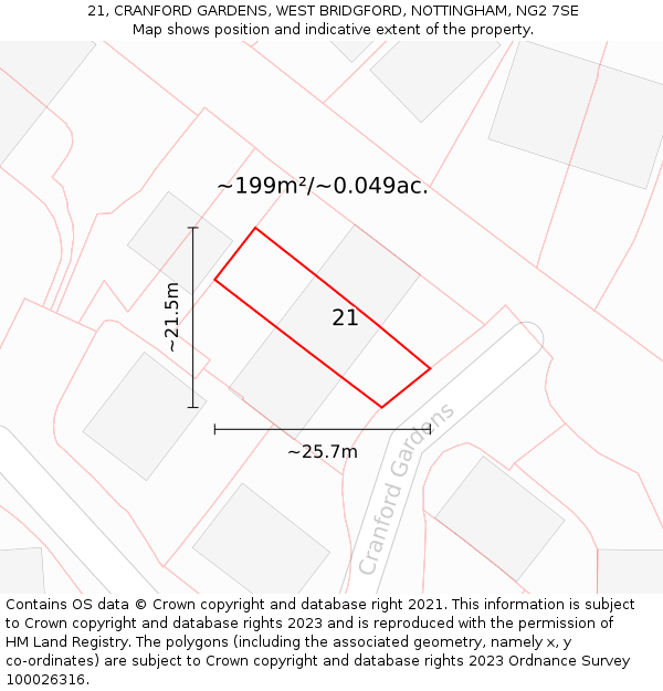 21, CRANFORD GARDENS, WEST BRIDGFORD, NOTTINGHAM, NG2 7SE: Plot and title map