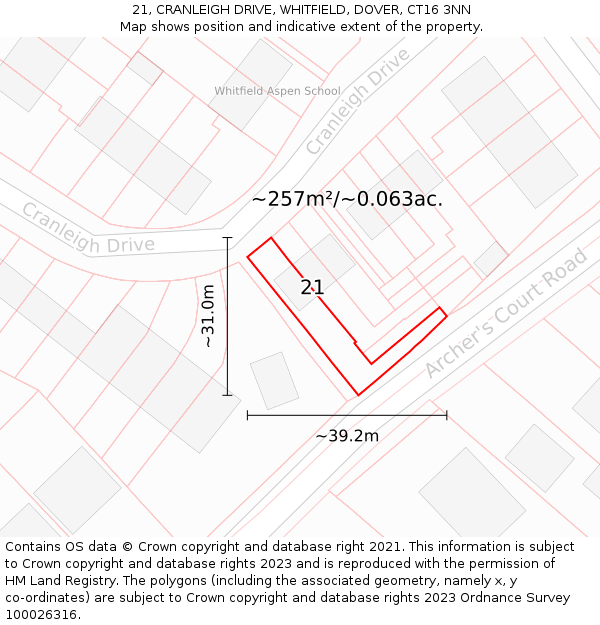 21, CRANLEIGH DRIVE, WHITFIELD, DOVER, CT16 3NN: Plot and title map