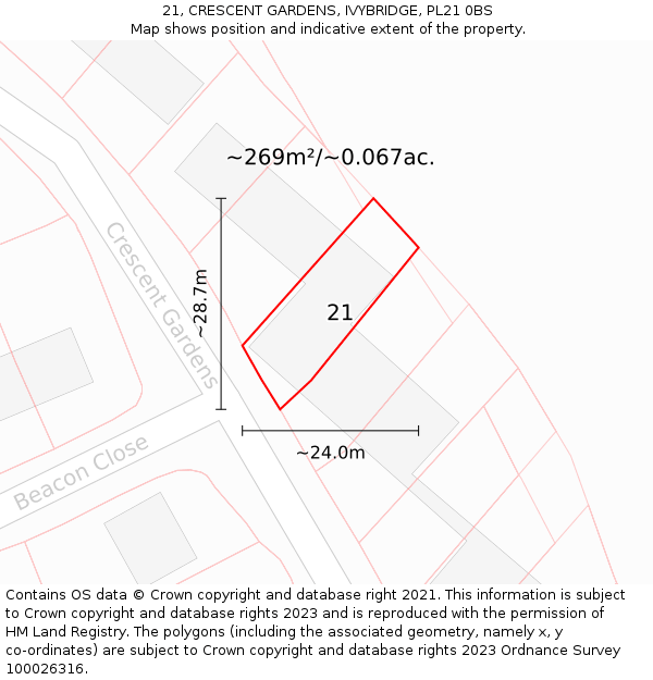 21, CRESCENT GARDENS, IVYBRIDGE, PL21 0BS: Plot and title map