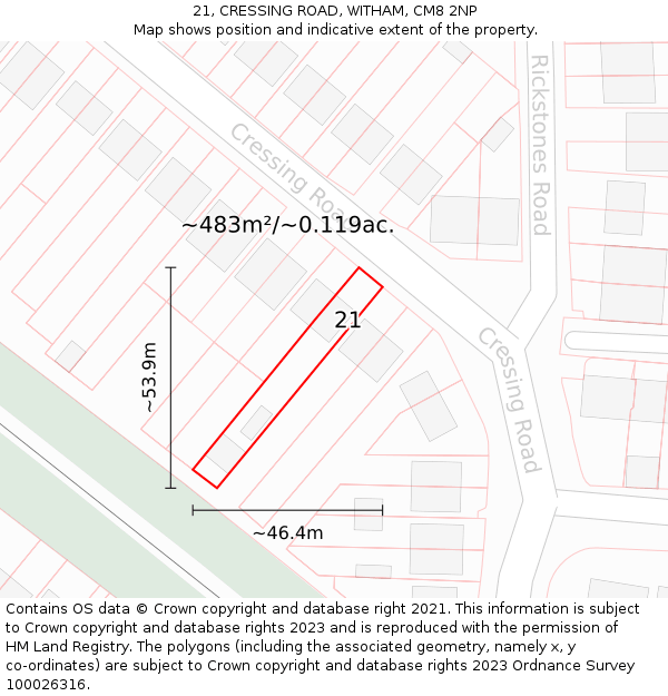 21, CRESSING ROAD, WITHAM, CM8 2NP: Plot and title map