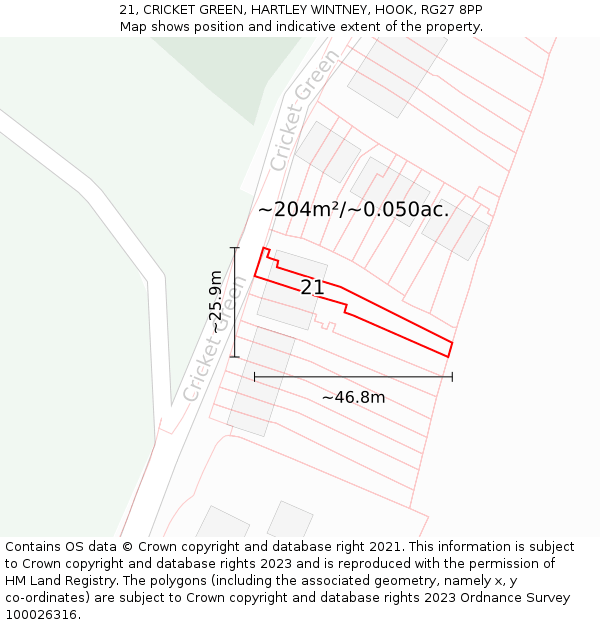 21, CRICKET GREEN, HARTLEY WINTNEY, HOOK, RG27 8PP: Plot and title map