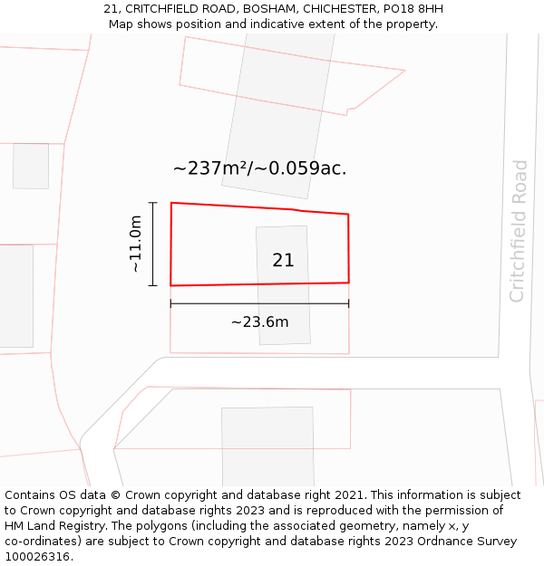 21, CRITCHFIELD ROAD, BOSHAM, CHICHESTER, PO18 8HH: Plot and title map