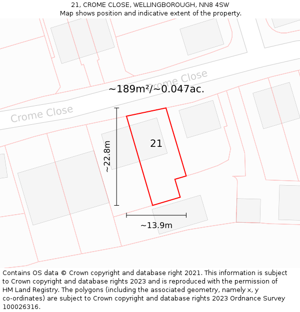 21, CROME CLOSE, WELLINGBOROUGH, NN8 4SW: Plot and title map